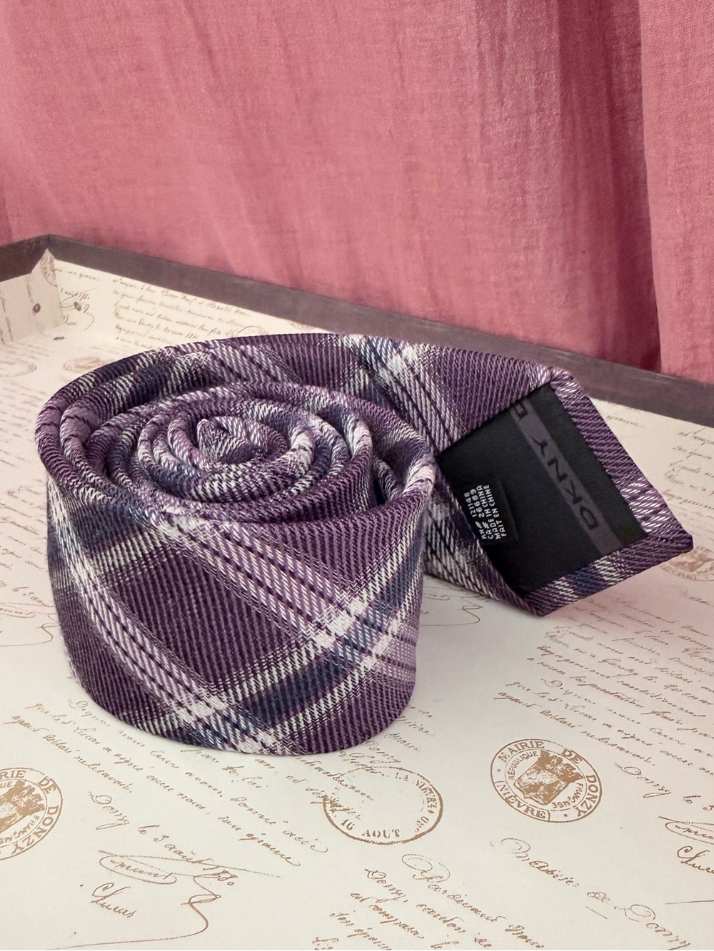 DKNY Tie Mens Purple Blue White Plaid Tartan Slim Necktie Wool Silk Blend Check